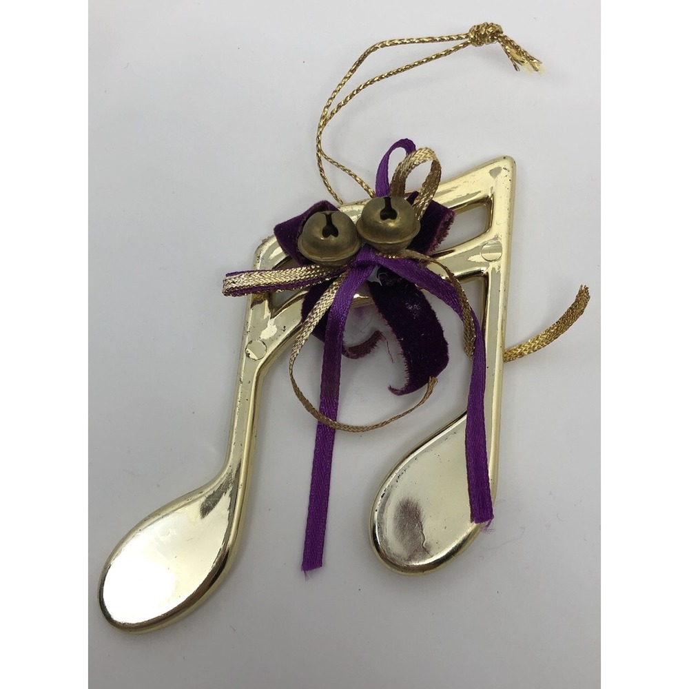 Music Note Christmas Ornament Bells Purple Ribbon 3.5" Plastic Gold‎ Tone
